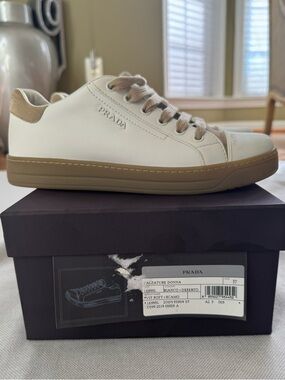 Prada White Leather and Tan Suede Sneakers